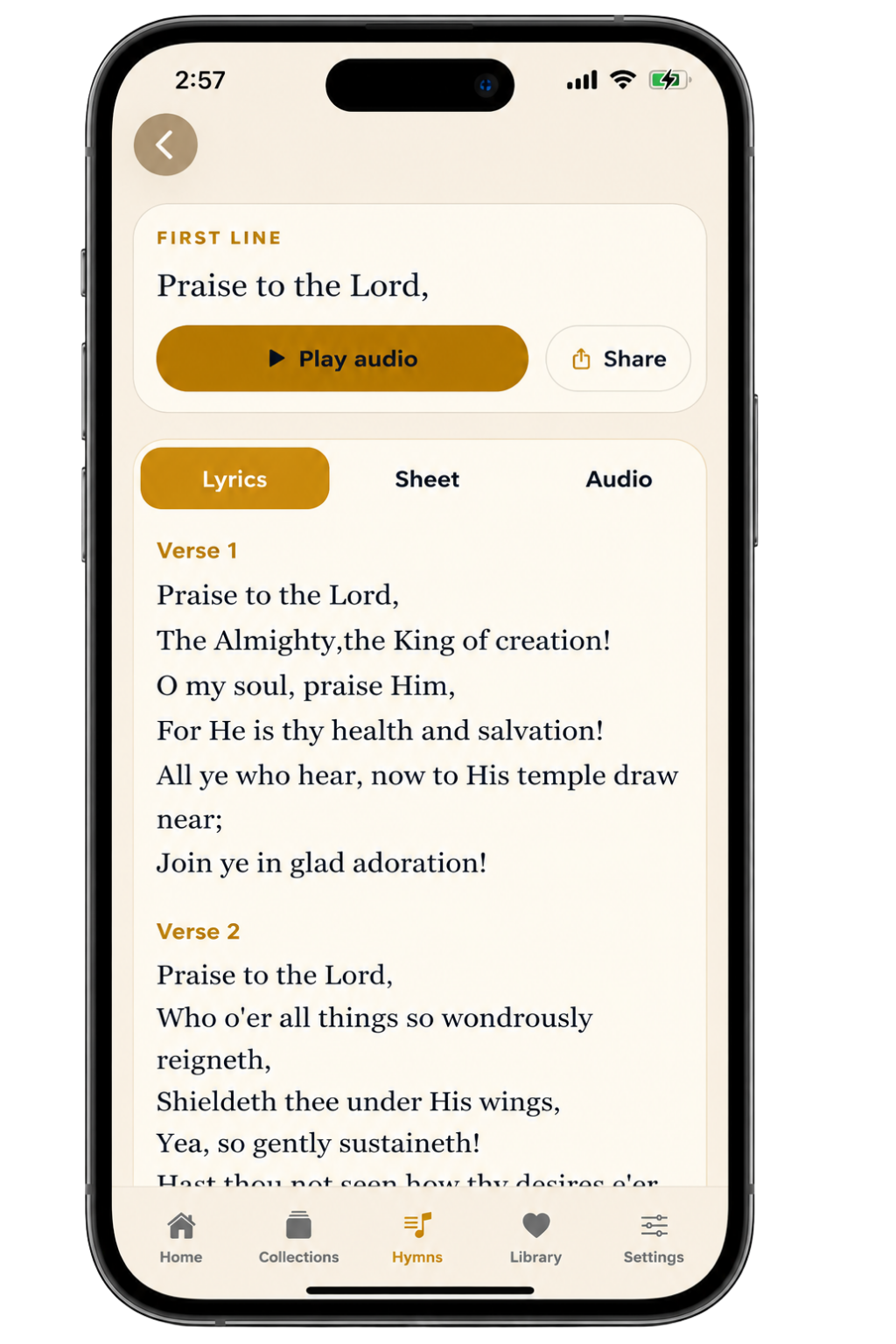 Lyrics screen in the SDA Hymnal Songs app