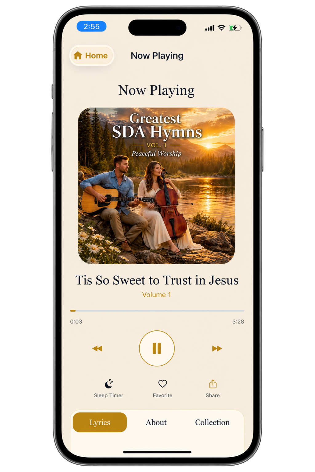 Audio Playback screen in the SDA Hymnal Songs app